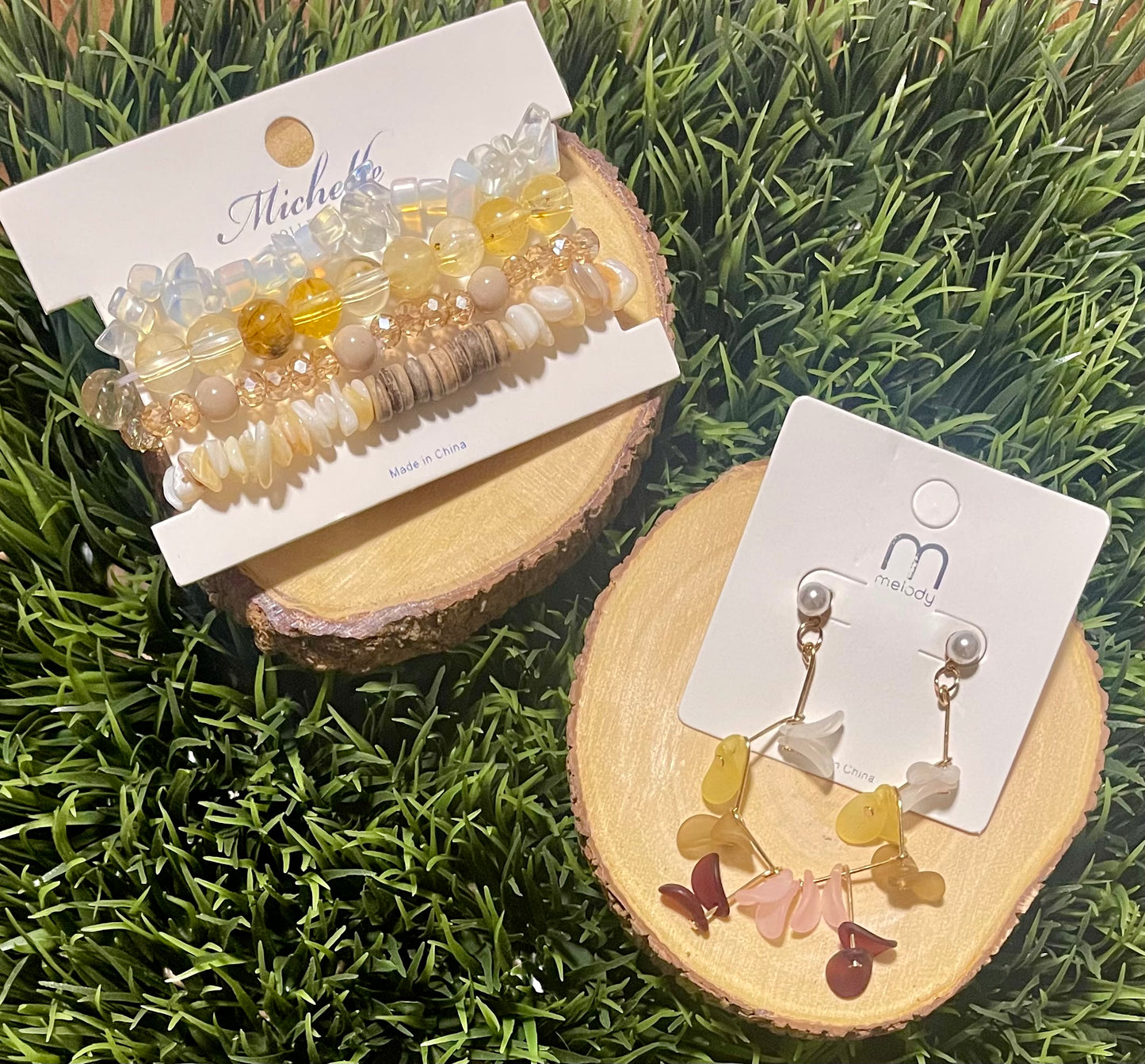 Natural Gemstones & Acrylic Bracelets & Earrings Set